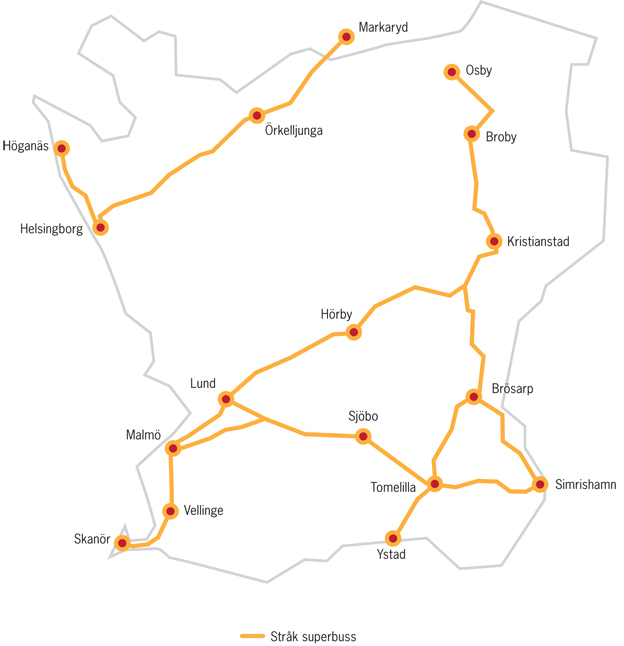 De stråk som de skånska superbussarna är tänkta att trafikera. Karta: Region Skåne.
